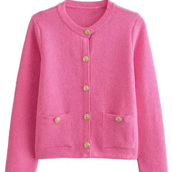 Zara Women's Pink Smooth Knit Cardigan with Gold Buttons Size Large - Picture 1 of 4